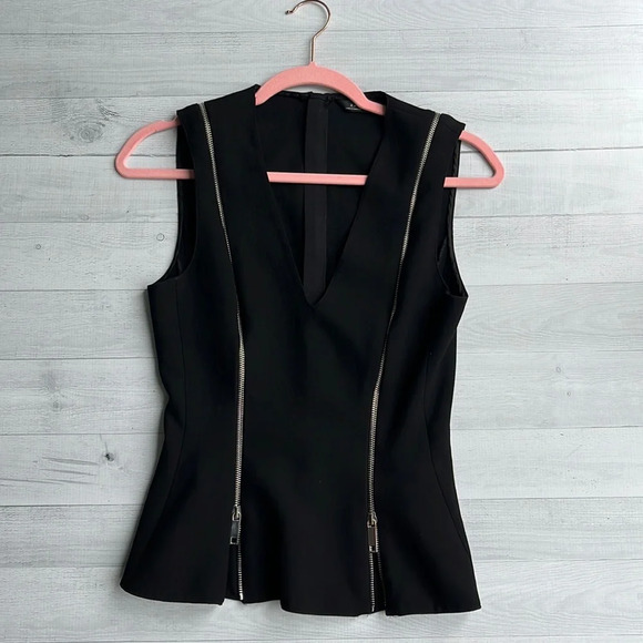 Zara Woman Black Deep V Neck Zipper Peplum Top S - Picture 2 of 6